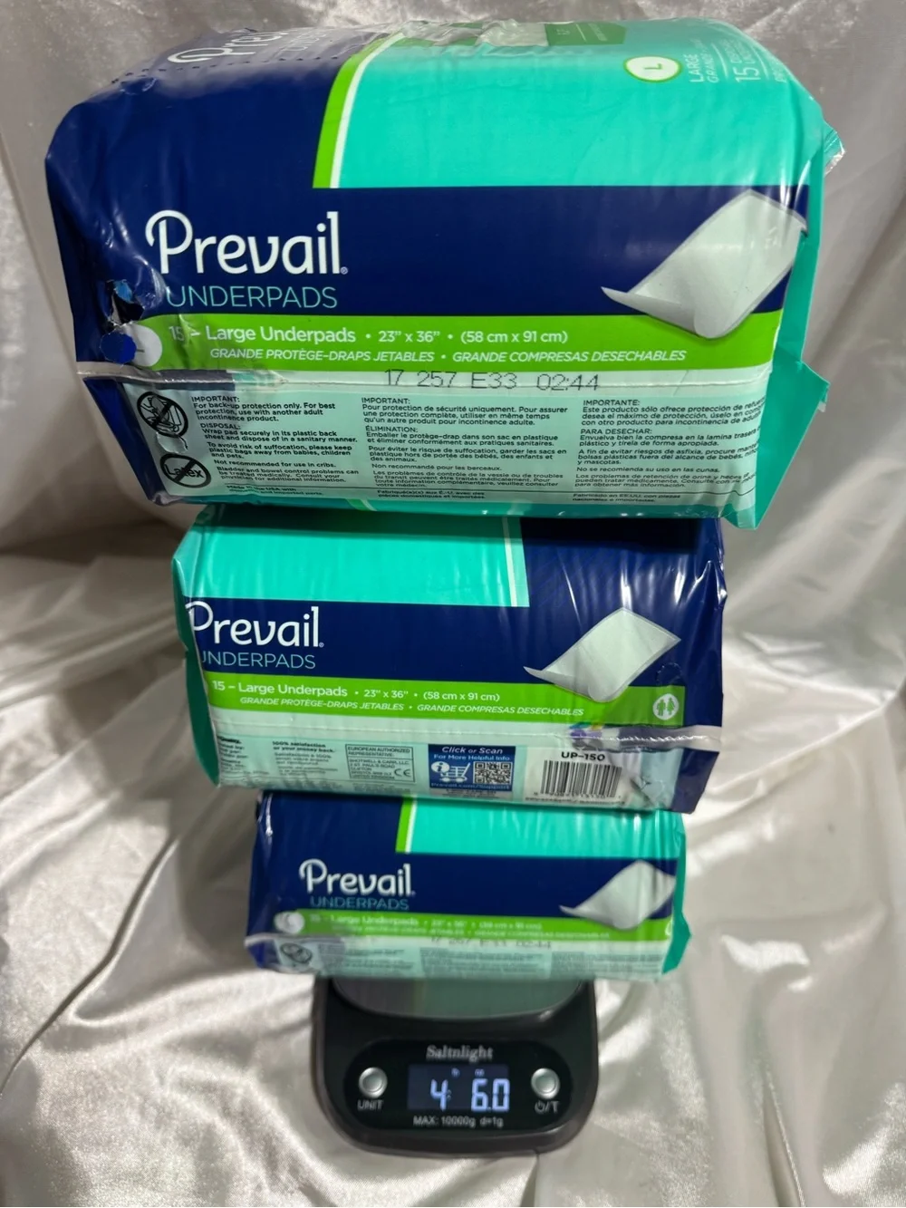 Three (3) Pkgs —Prevail Fluff Underpads Large  - 15 Count